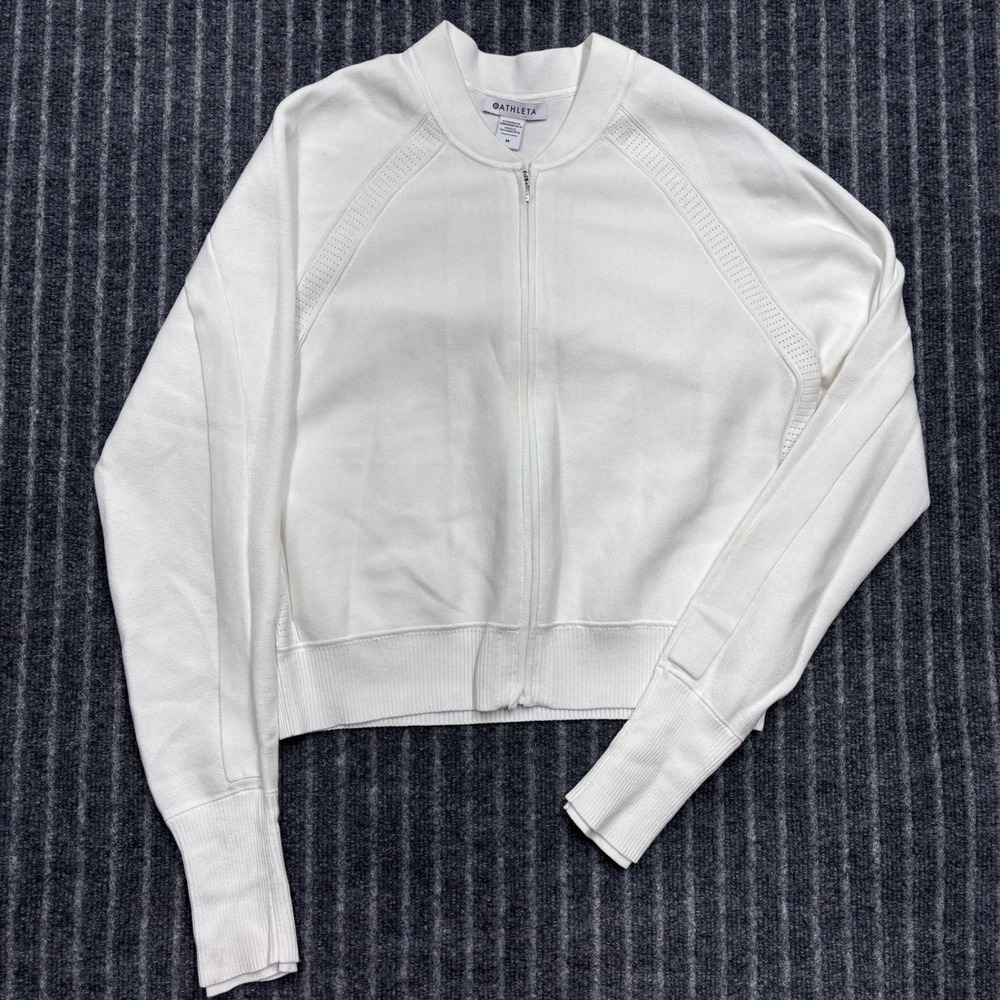 Athleta Womens M White Lyocell Blend Full Zip Pointelle Bomber Jacket (2481)